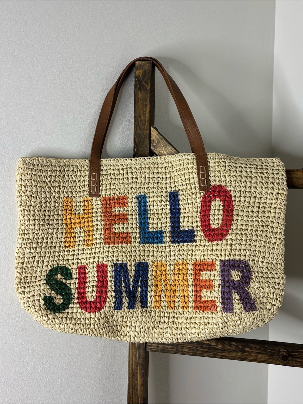 Straw Studios Hello Summer Straw Tote Bag with Brown Handles